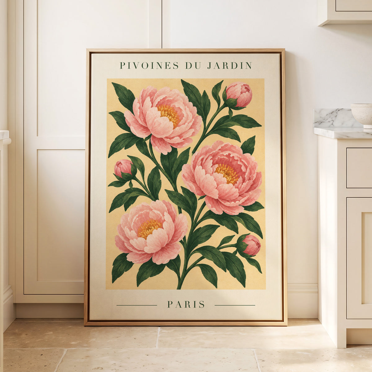 Parisian Peony Blush, pink, green, beige floral wall art displayed in a styled interior, gallery view 4