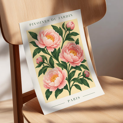 Parisian Peony Blush, pink, green, beige floral wall art displayed in a styled interior, gallery view 5