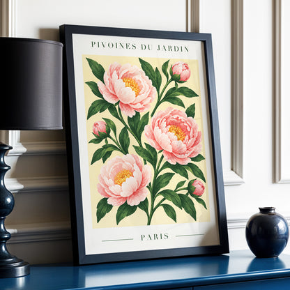 Parisian Peony Blush, pink, green, beige floral wall art displayed in a styled interior, gallery view 6