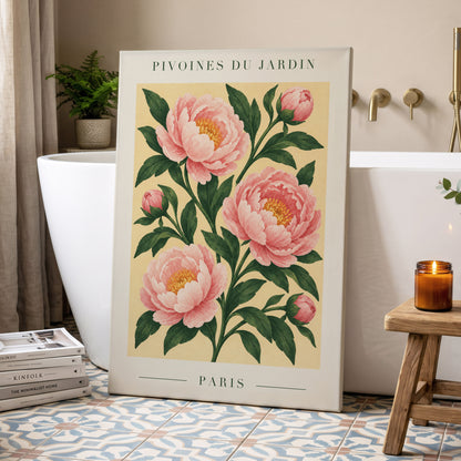 Parisian Peony Blush, pink, green, beige floral wall art displayed in a styled interior, gallery view 7