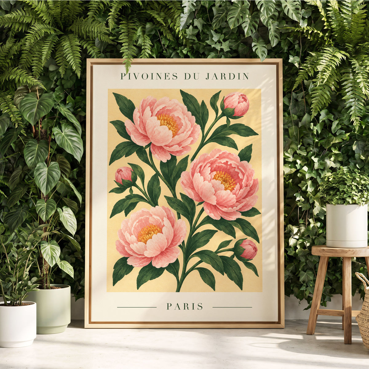 Parisian Peony Blush, pink, green, beige floral wall art displayed in a styled interior, gallery view 8