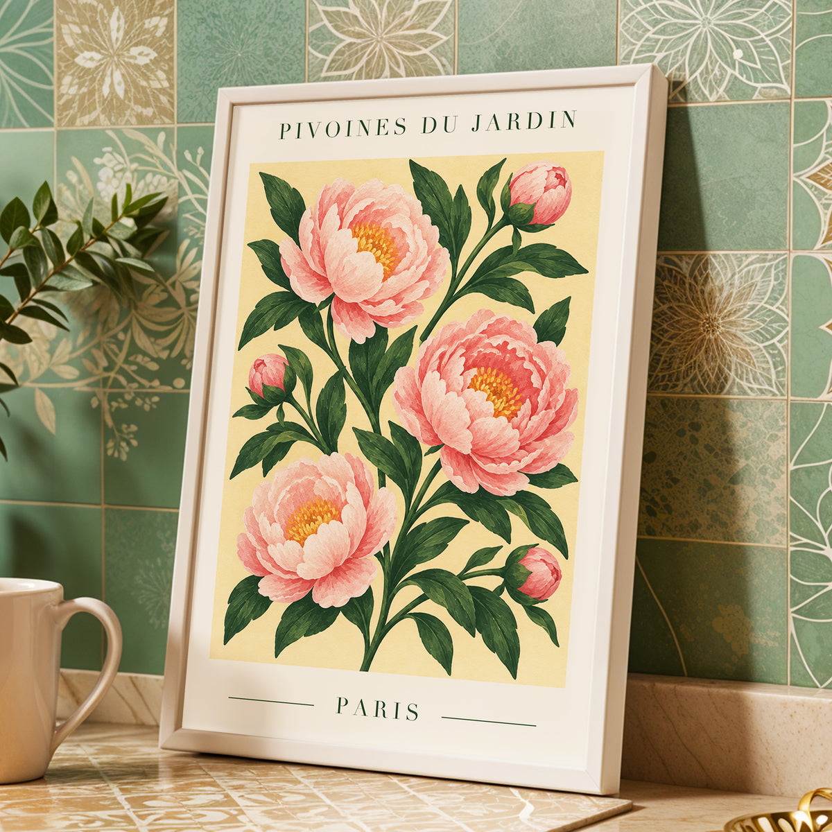 Parisian Peony Blush, pink, green, beige floral wall art displayed in a styled interior, gallery view 9