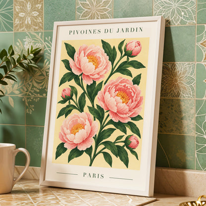 Parisian Peony Blush, pink, green, beige floral wall art displayed in a styled interior, gallery view 9