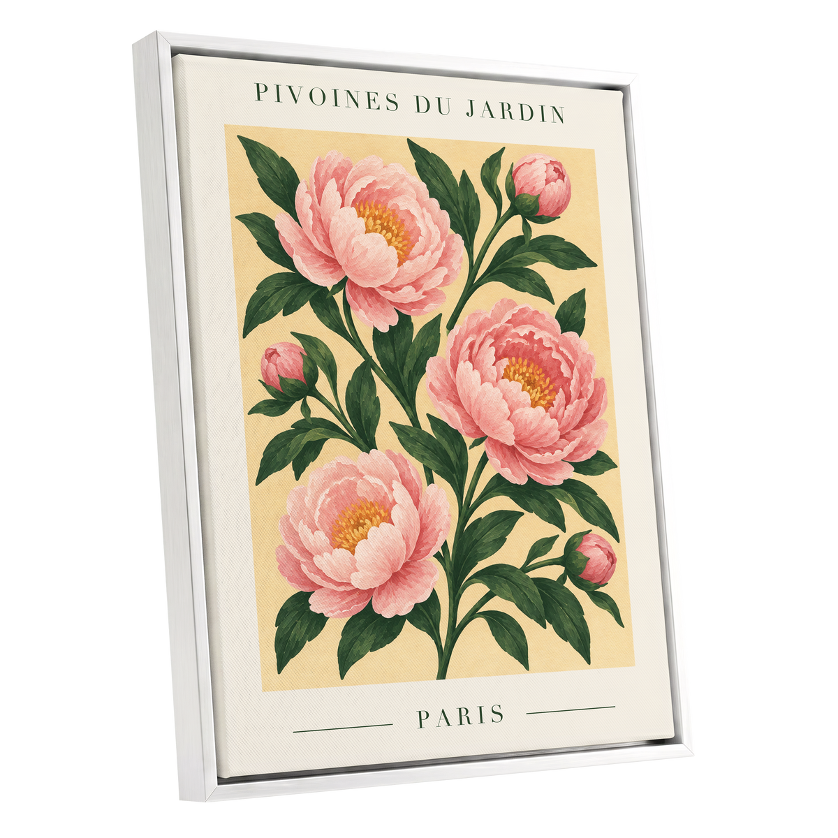 Parisian Peony Blush, pink, green, beige floral wall art shown as a white framed canvas wall art