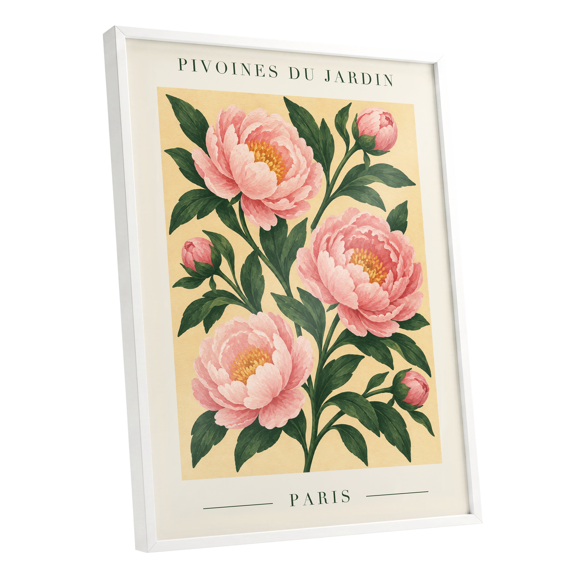 Parisian Peony Blush, pink, green, beige floral wall art shown as a white framed poster wall art print
