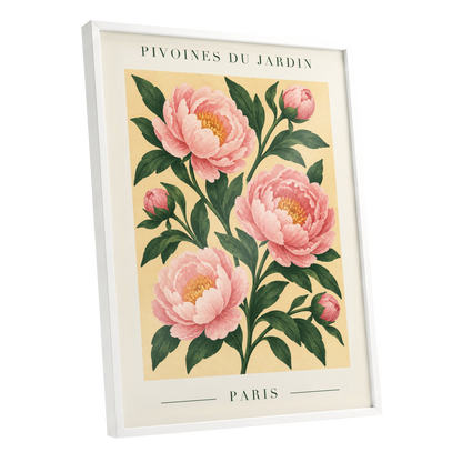 Parisian Peony Blush, pink, green, beige floral wall art shown as a white framed poster wall art print