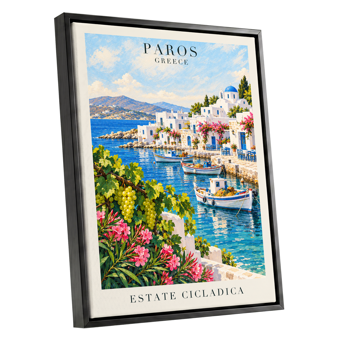 Paros in Bloom, blue, white, green nature wall art shown as a black framed canvas wall art