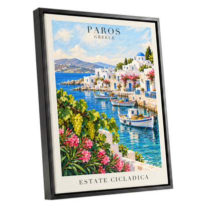 Paros in Bloom, blue, white, green nature wall art shown as a black framed canvas wall art