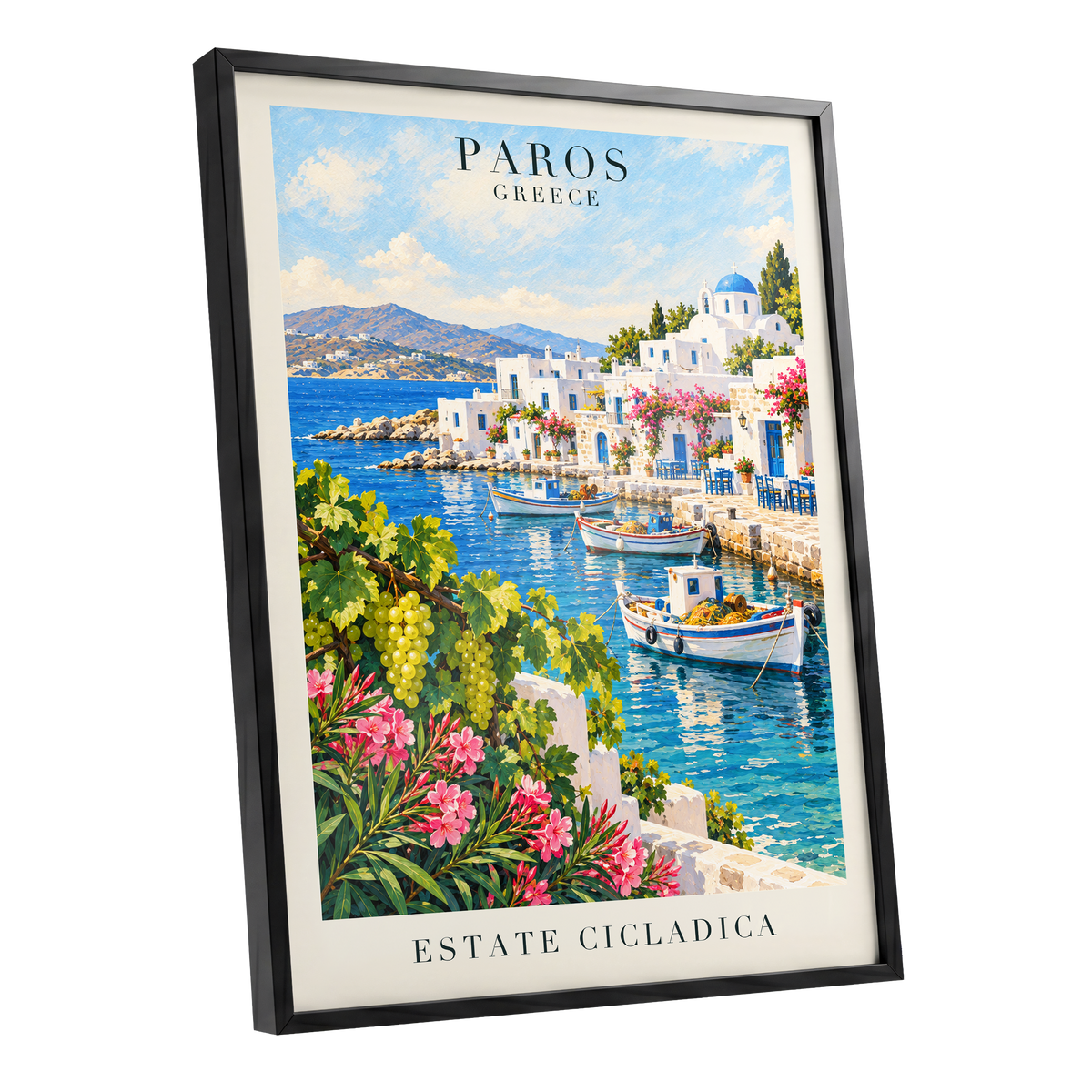 Paros in Bloom, blue, white, green nature wall art shown as a black framed poster wall art print