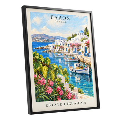 Paros in Bloom, blue, white, green nature wall art shown as a black framed poster wall art print