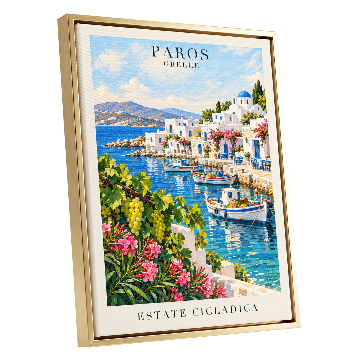Paros in Bloom, blue, white, green nature wall art shown as a gold framed canvas wall art