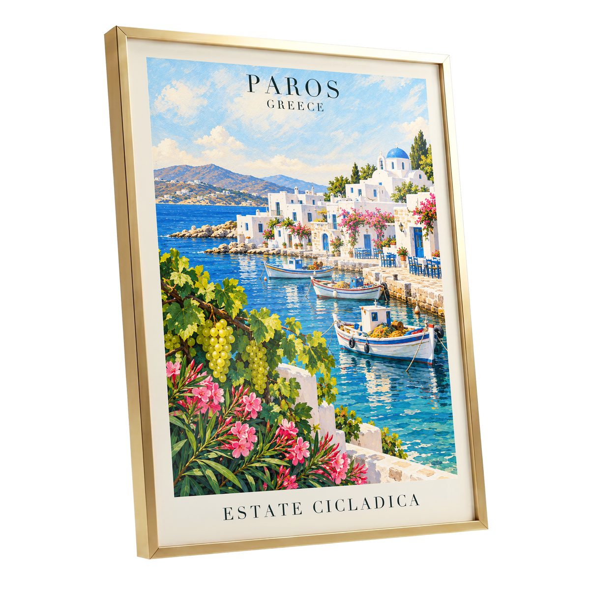 Paros in Bloom, blue, white, green nature wall art shown as a gold framed poster wall art print