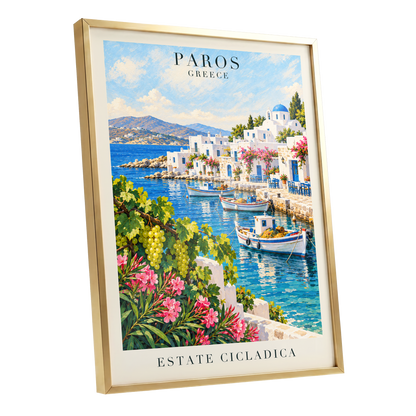 Paros in Bloom, blue, white, green nature wall art shown as a gold framed poster wall art print
