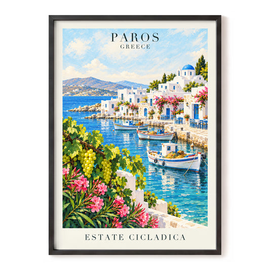 Paros in Bloom, blue, white, green nature wall art, front artwork view