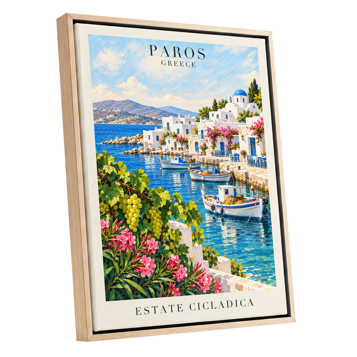 Paros in Bloom, blue, white, green nature wall art shown as a oak framed canvas wall art