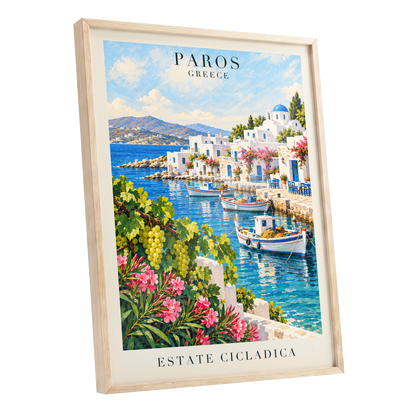 Paros in Bloom, blue, white, green nature wall art shown as a oak framed poster wall art print