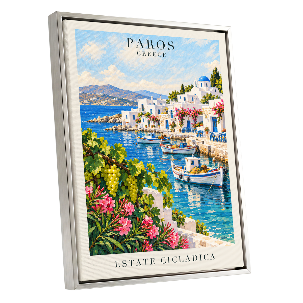 Paros in Bloom, blue, white, green nature wall art shown as a silver framed canvas wall art