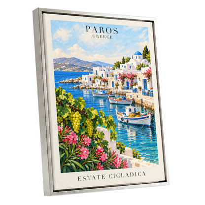 Paros in Bloom, blue, white, green nature wall art shown as a silver framed canvas wall art