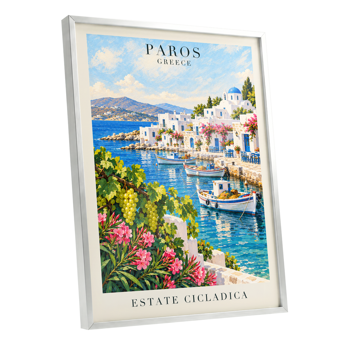 Paros in Bloom, blue, white, green nature wall art shown as a silver framed poster wall art print