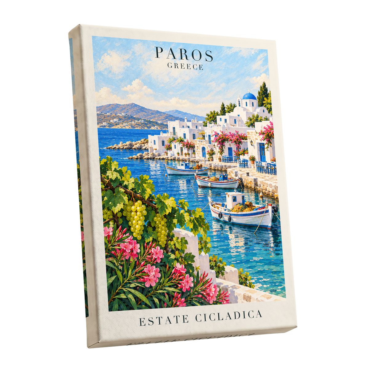 Paros in Bloom, blue, white, green nature wall art shown as a stretched canvas wall art