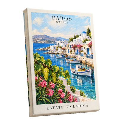 Paros in Bloom, blue, white, green nature wall art shown as a stretched canvas wall art