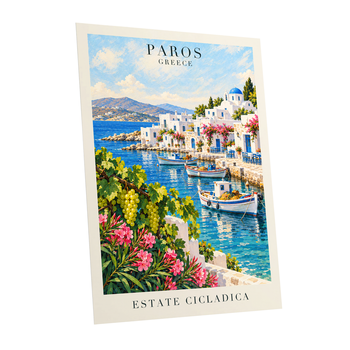 Paros in Bloom, blue, white, green nature wall art shown as a unframed poster wall art print
