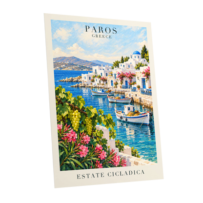 Paros in Bloom, blue, white, green nature wall art shown as a unframed poster wall art print