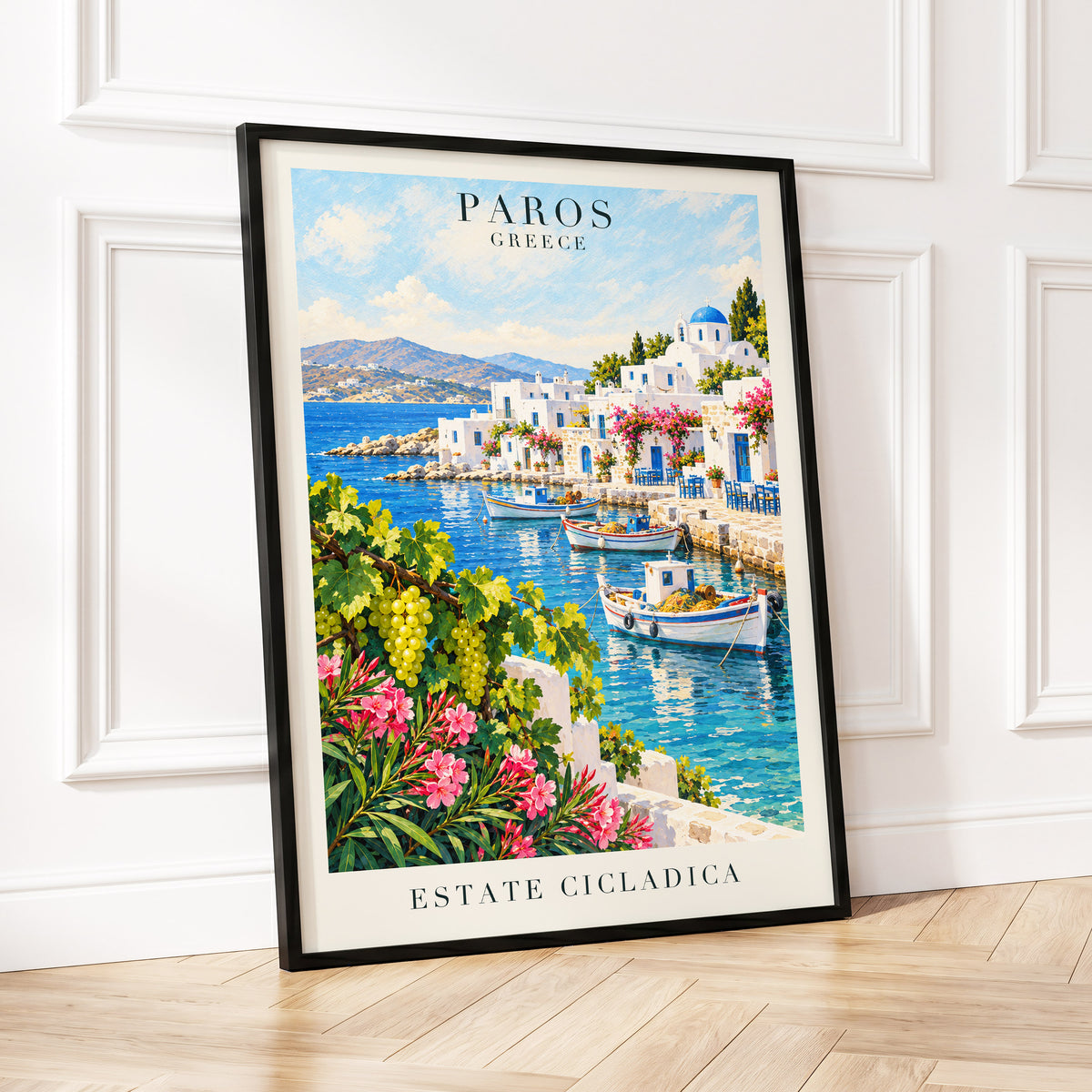 Paros in Bloom, blue, white, green nature wall art displayed in a styled interior, gallery view 2