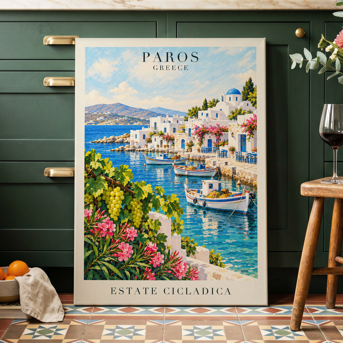 Paros in Bloom, blue, white, green nature wall art displayed in a styled interior, gallery view 3