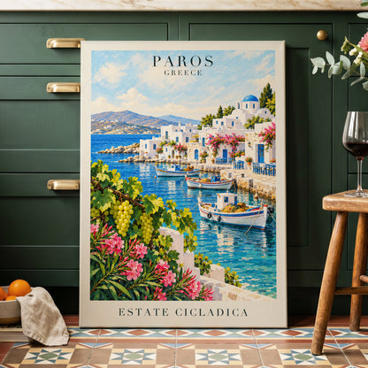 Paros in Bloom, blue, white, green nature wall art displayed in a styled interior, gallery view 3