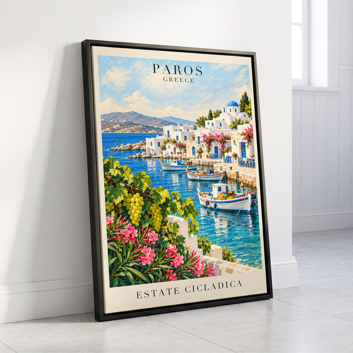 Paros in Bloom, blue, white, green nature wall art displayed in a styled interior, gallery view 4