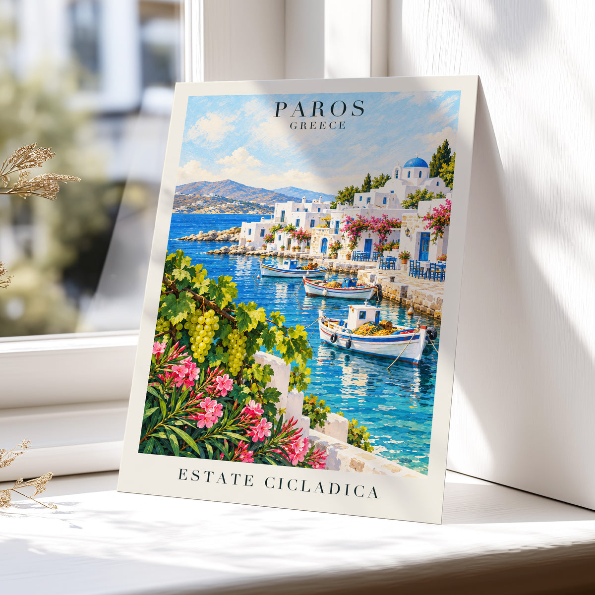 Paros in Bloom, blue, white, green nature wall art displayed in a styled interior, gallery view 5