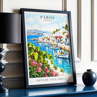 Paros in Bloom, blue, white, green nature wall art displayed in a styled interior, gallery view 6
