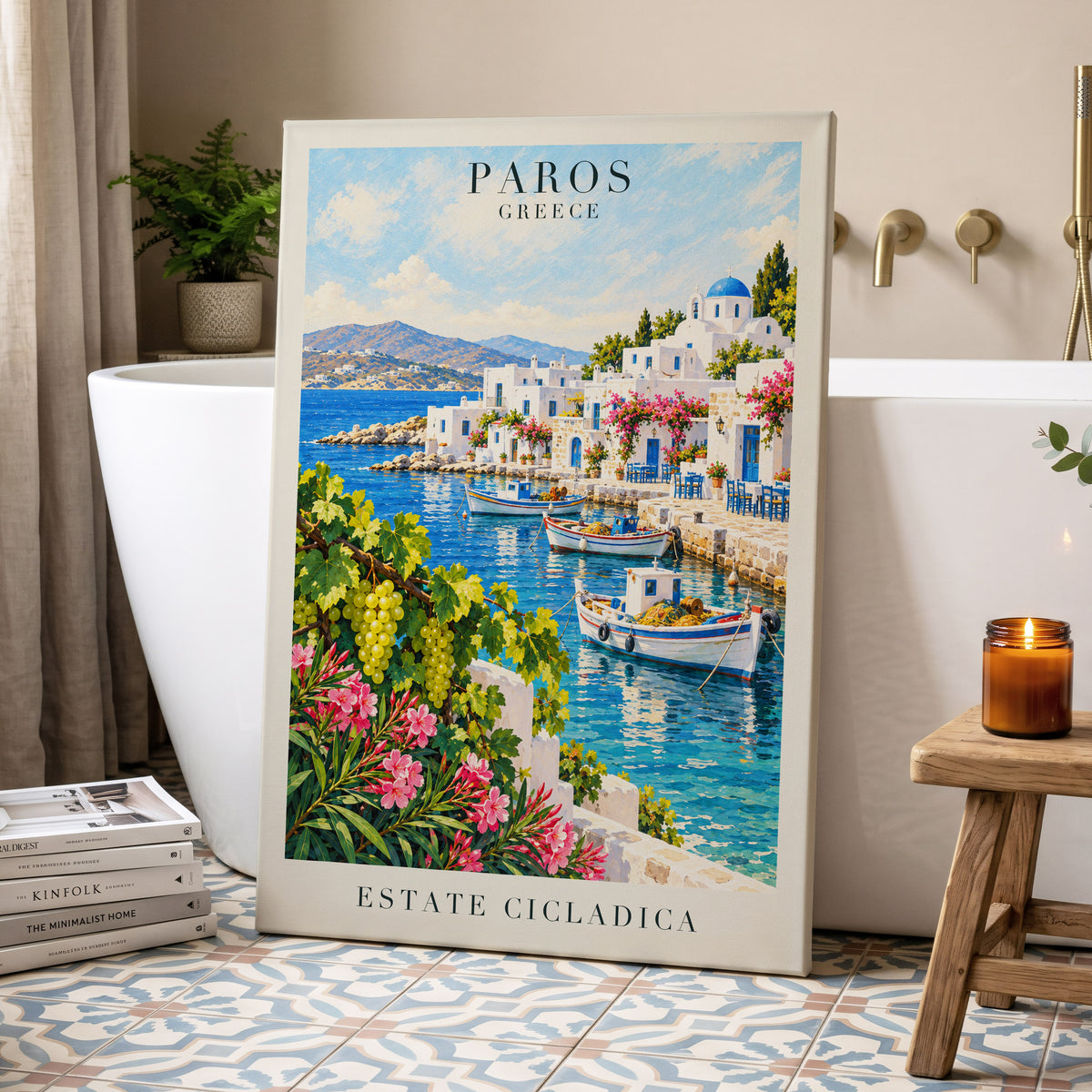 Paros in Bloom, blue, white, green nature wall art displayed in a styled interior, gallery view 7