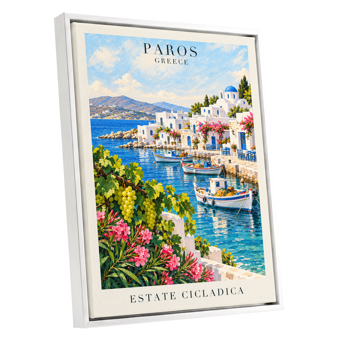 Paros in Bloom, blue, white, green nature wall art shown as a white framed canvas wall art
