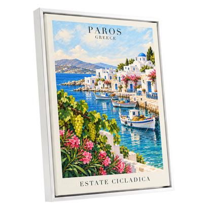 Paros in Bloom, blue, white, green nature wall art shown as a white framed canvas wall art