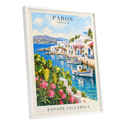 Paros in Bloom, blue, white, green nature wall art shown as a white framed poster wall art print