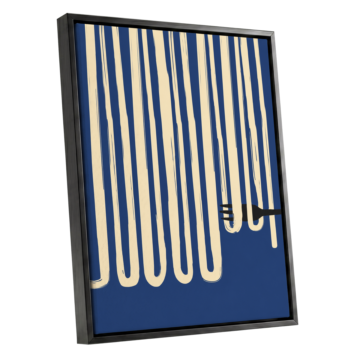 Pasta in Parallel, blue, beige, black minimalist wall art shown as a black framed canvas wall art
