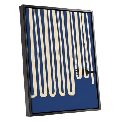 Pasta in Parallel, blue, beige, black minimalist wall art shown as a black framed canvas wall art