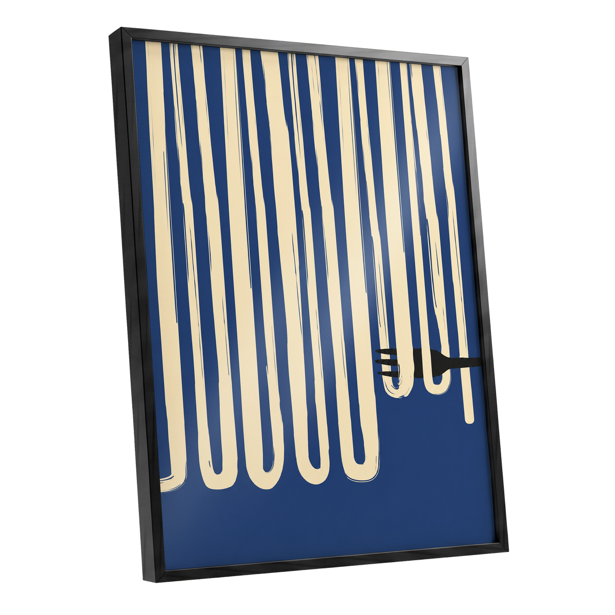 Pasta in Parallel, blue, beige, black minimalist wall art shown as a black framed poster wall art print