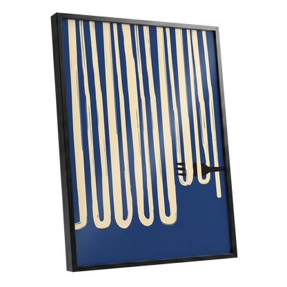Pasta in Parallel, blue, beige, black minimalist wall art shown as a black framed poster wall art print