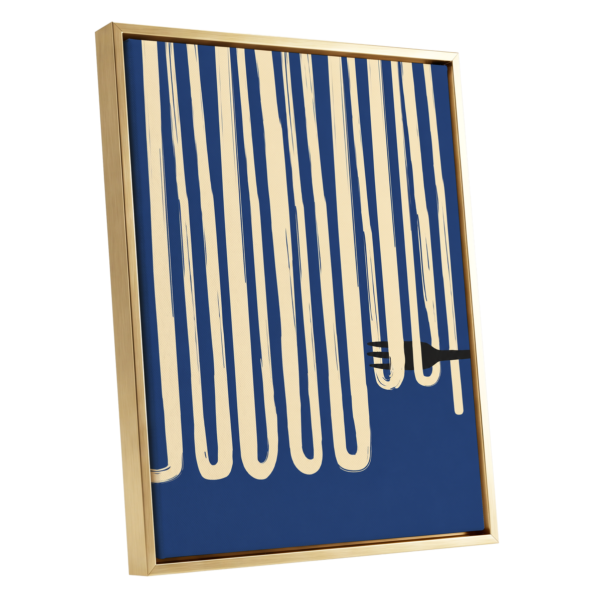 Pasta in Parallel, blue, beige, black minimalist wall art shown as a gold framed canvas wall art