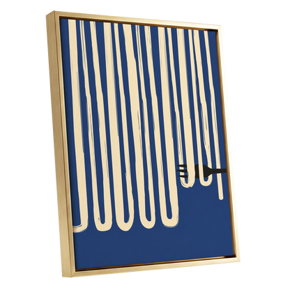 Pasta in Parallel, blue, beige, black minimalist wall art shown as a gold framed canvas wall art