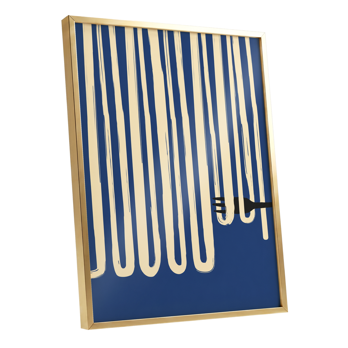 Pasta in Parallel, blue, beige, black minimalist wall art shown as a gold framed poster wall art print