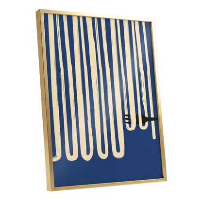 Pasta in Parallel, blue, beige, black minimalist wall art shown as a gold framed poster wall art print