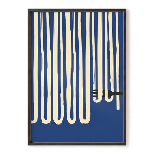 Pasta in Parallel, blue, beige, black minimalist wall art, front artwork view