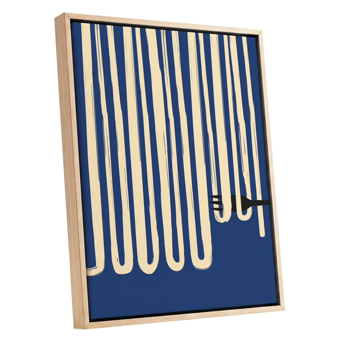 Pasta in Parallel, blue, beige, black minimalist wall art shown as a oak framed canvas wall art