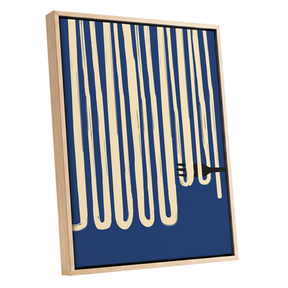 Pasta in Parallel, blue, beige, black minimalist wall art shown as a oak framed canvas wall art
