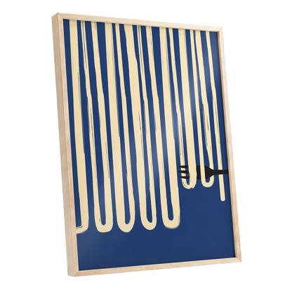 Pasta in Parallel, blue, beige, black minimalist wall art shown as a oak framed poster wall art print