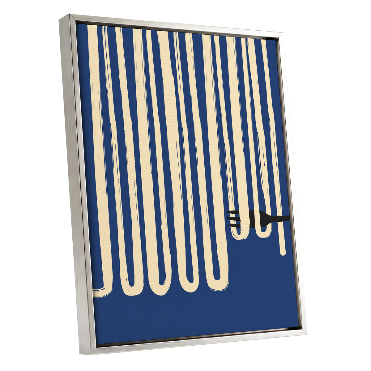 Pasta in Parallel, blue, beige, black minimalist wall art shown as a silver framed canvas wall art